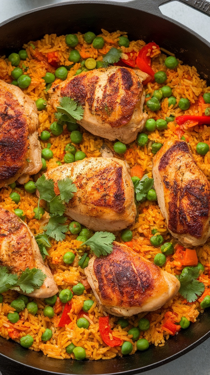 A colorful one-pan meal featuring chicken thighs, Spanish rice, and peas.