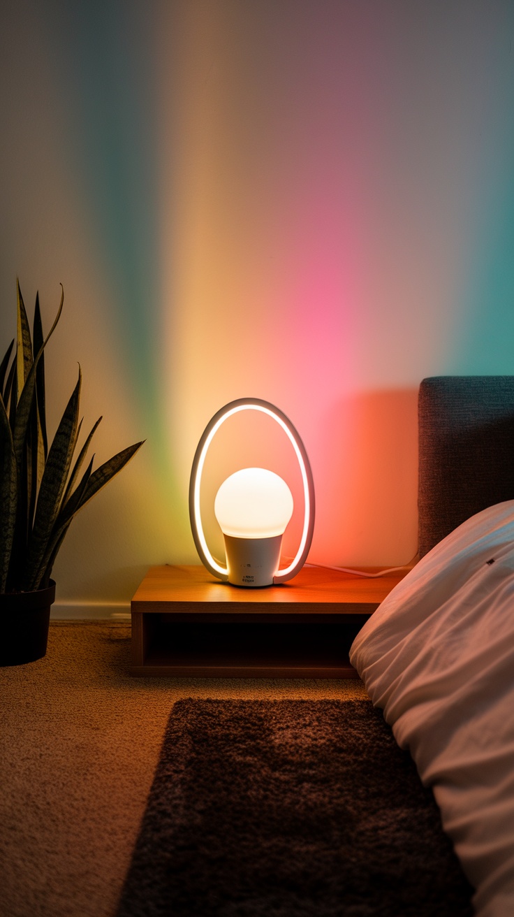 A Philips Hue White and Color Ambiance Smart Bulb illuminating a cozy bedroom