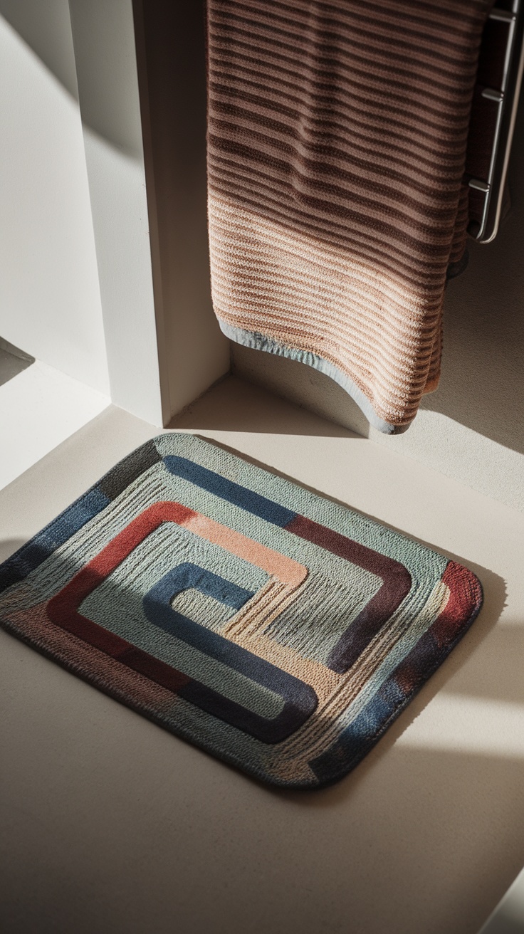 A colorful rug and weave bath mat placed on a light-colored floor, accompanied by striped towels hanging nearby.