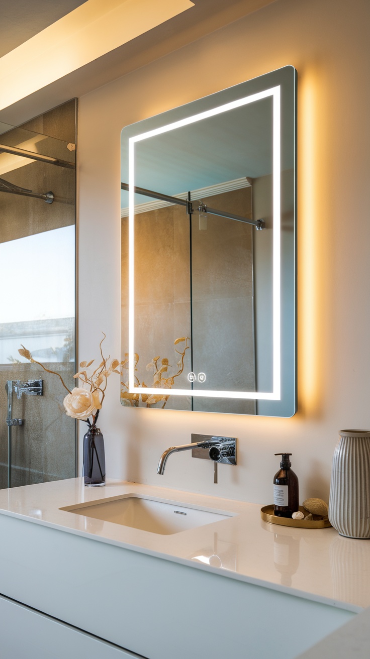 A modern bathroom featuring a Simplehuman Sensor Mirror with built-in lighting, a sleek sink, and elegant decor.