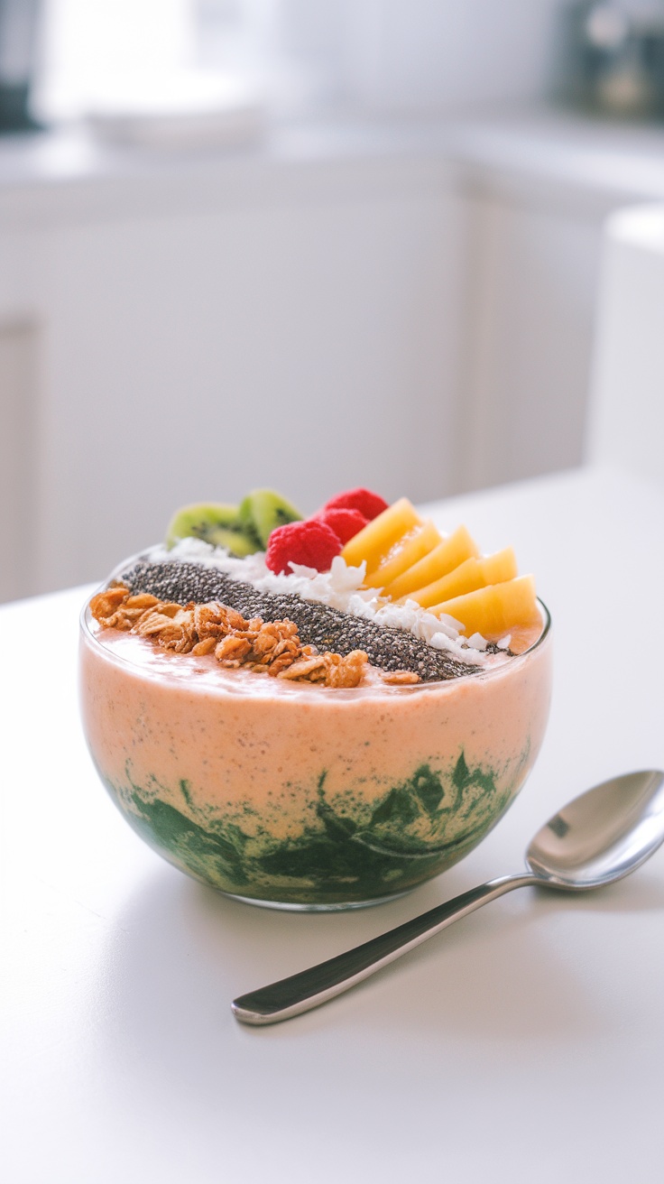 A vibrant smoothie bowl topped with fresh fruits, granola, and chia seeds.