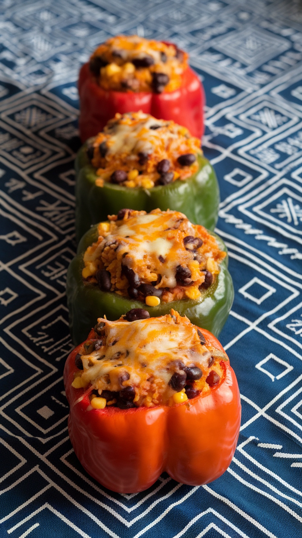 Colorful stuffed bell peppers filled with rice, beans, and cheese.