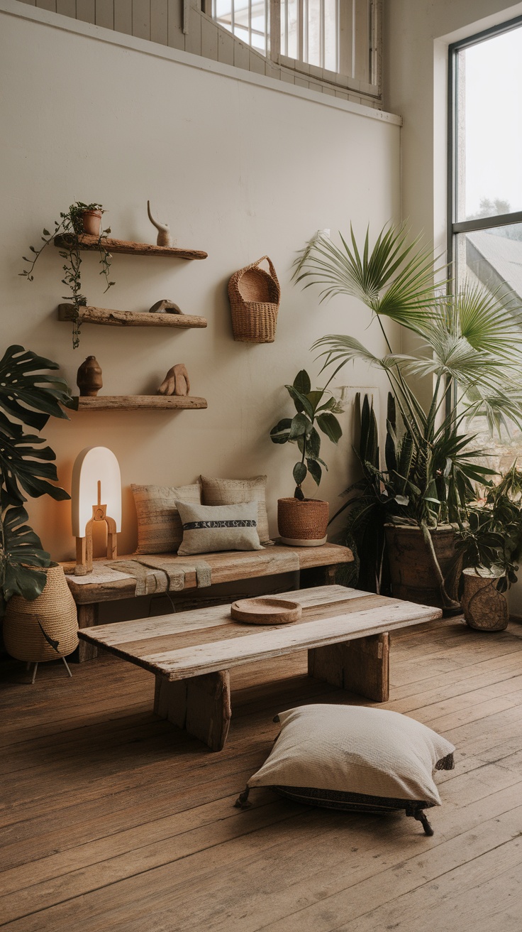 A cozy living room featuring sustainable decor with wooden furniture, plants, and earthy textiles.