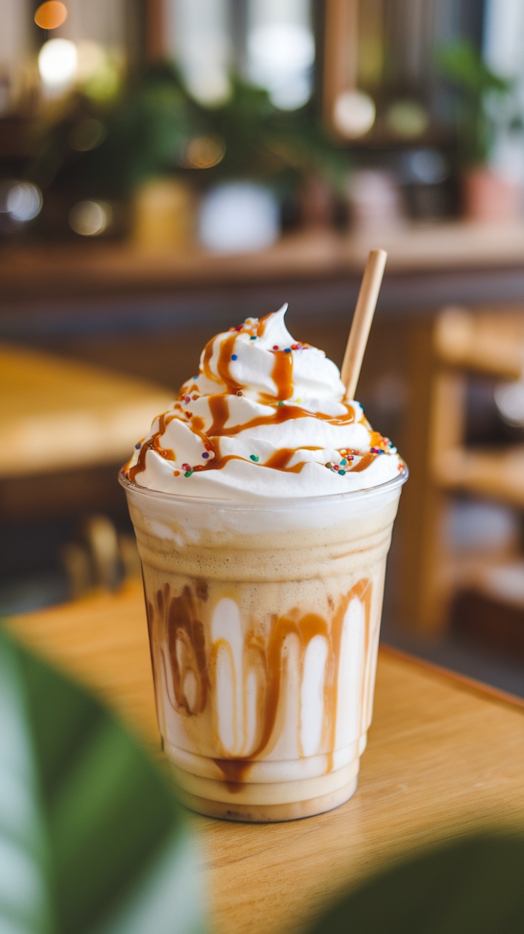 A delicious Vanilla Bean Frappuccino topped with whipped cream and caramel drizzle.