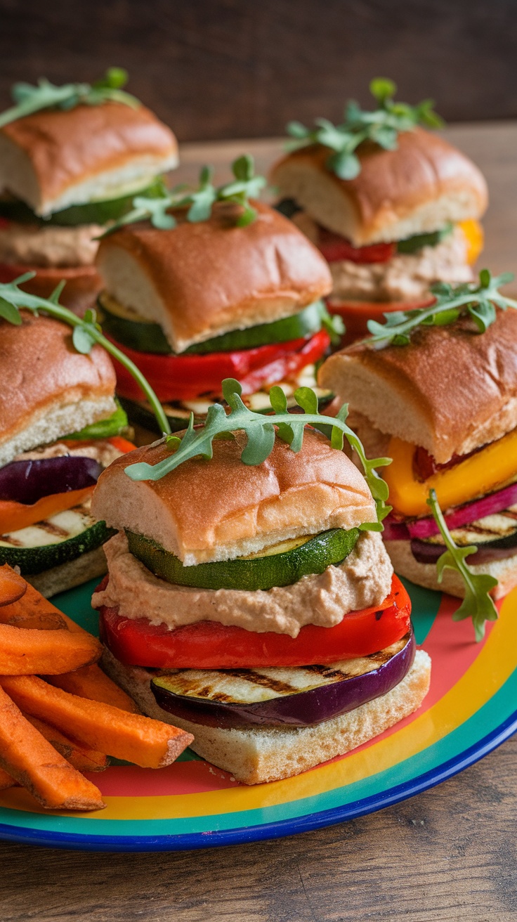 A plate of colorful veggie sliders stacked with grilled vegetables and fresh greens.