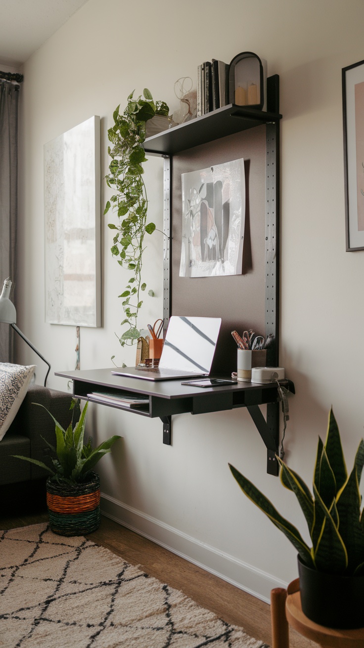 A cozy wall-mounted desk setup with plants, a laptop, and decorative items.