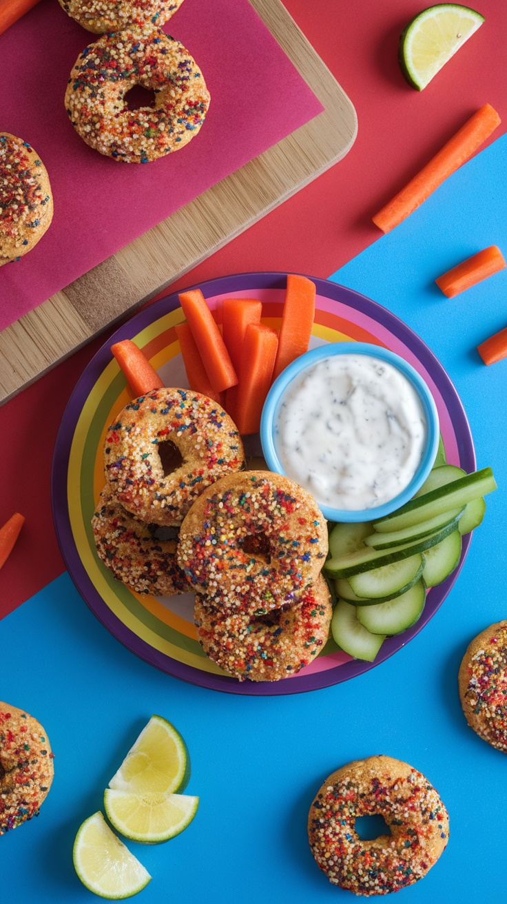 A colorful plate of protein bagels served with vegetables and dip.