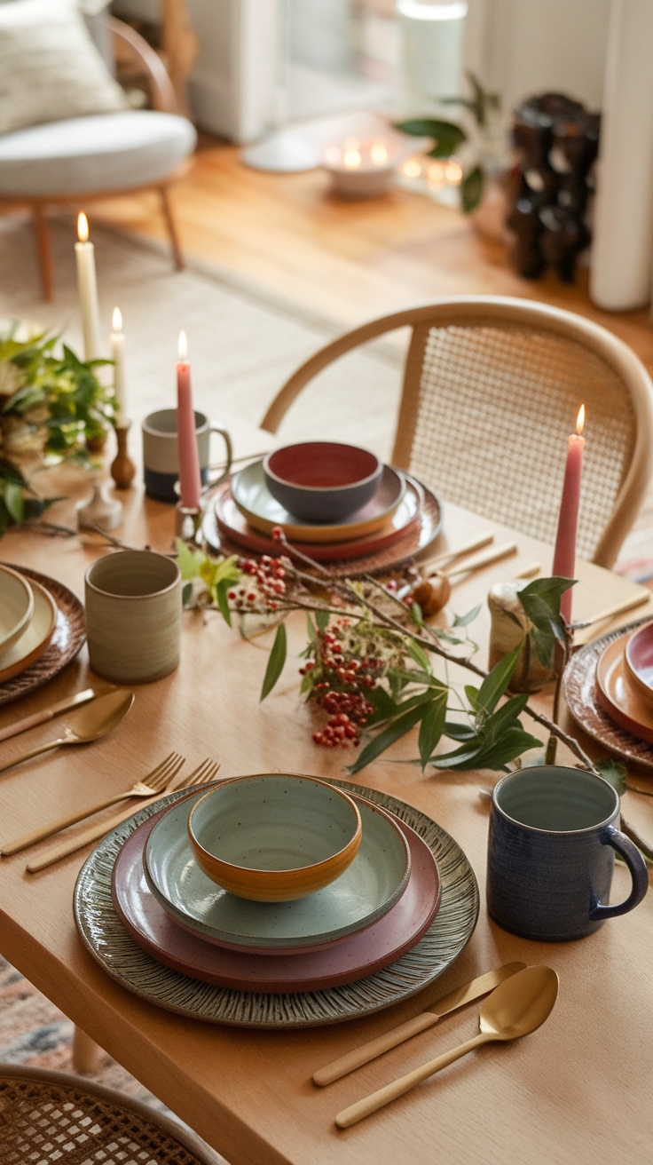 A beautifully arranged table featuring a variety of ceramic tableware in soft colors, surrounded by greenery and candles.