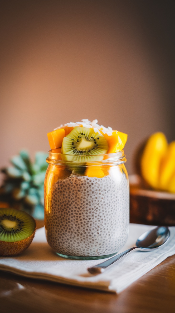 A jar of chia pudding topped with mango and kiwi slices