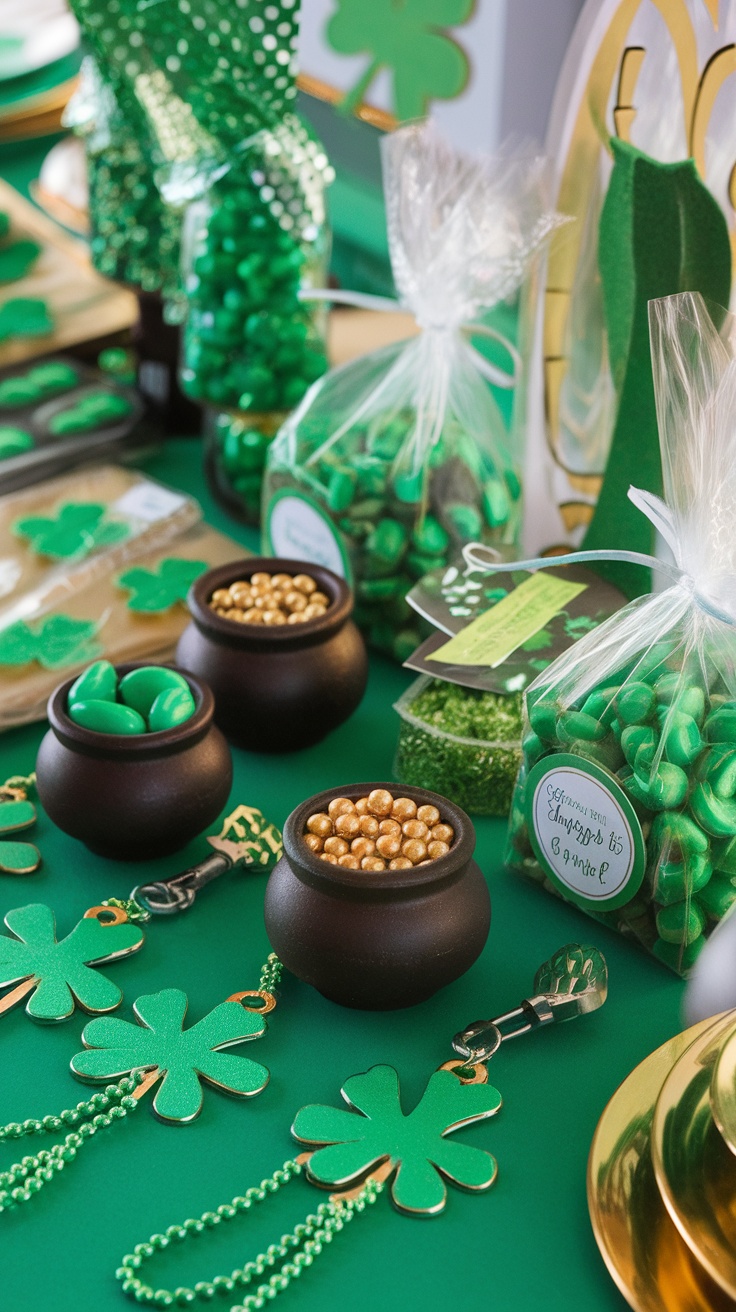 A festive display of St. Patrick's Day party favors including green candies, golden treats in pots, and shamrock keychains.