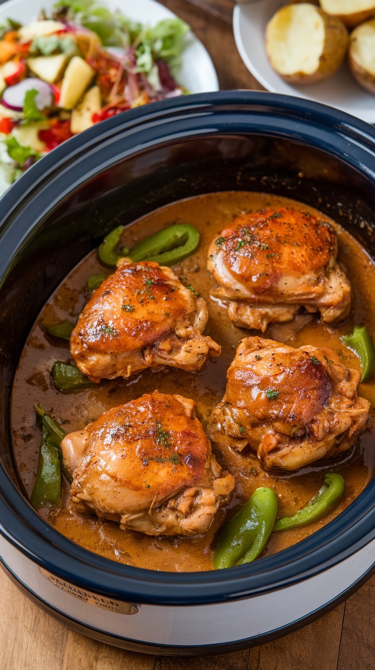 Delicious crockpot Mississippi chicken thighs with green peppers in a slow cooker.