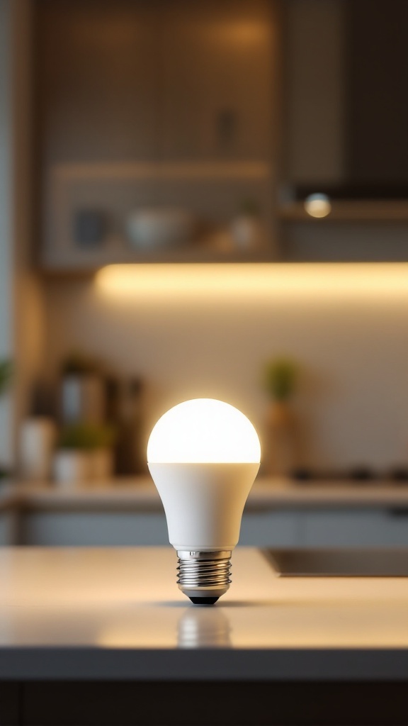 Ecolight LED light bulb on a countertop in a warm white kitchen