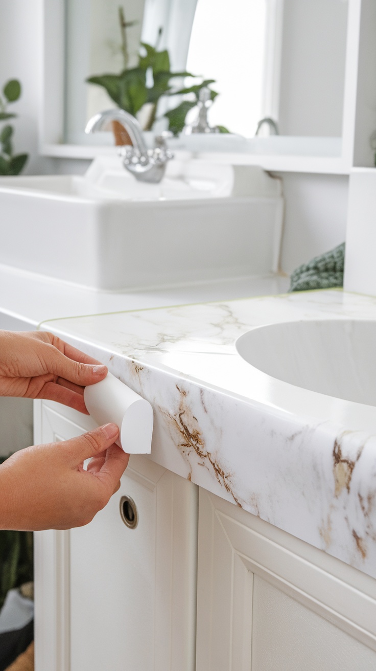 A person applying faux marble contact paper to a bathroom countertop.