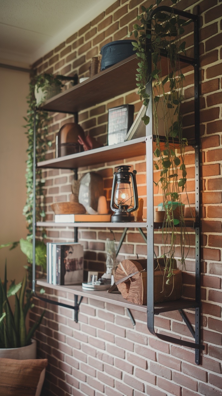 Fjällbo wall shelf from Ikea displaying a variety of decorative items and plants against a brick wall