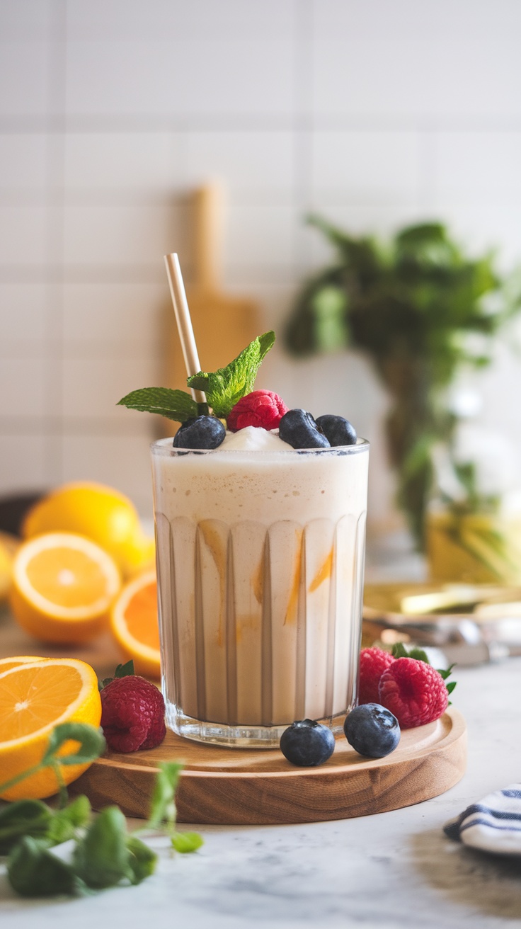 A refreshing vanilla bean frappuccino topped with fresh berries and mint leaves.