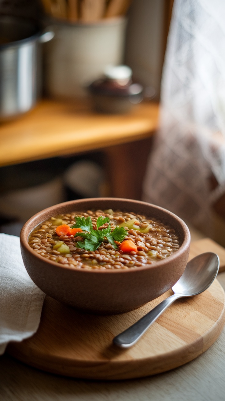 A bowl of lentil soup garnished with fresh herbs.