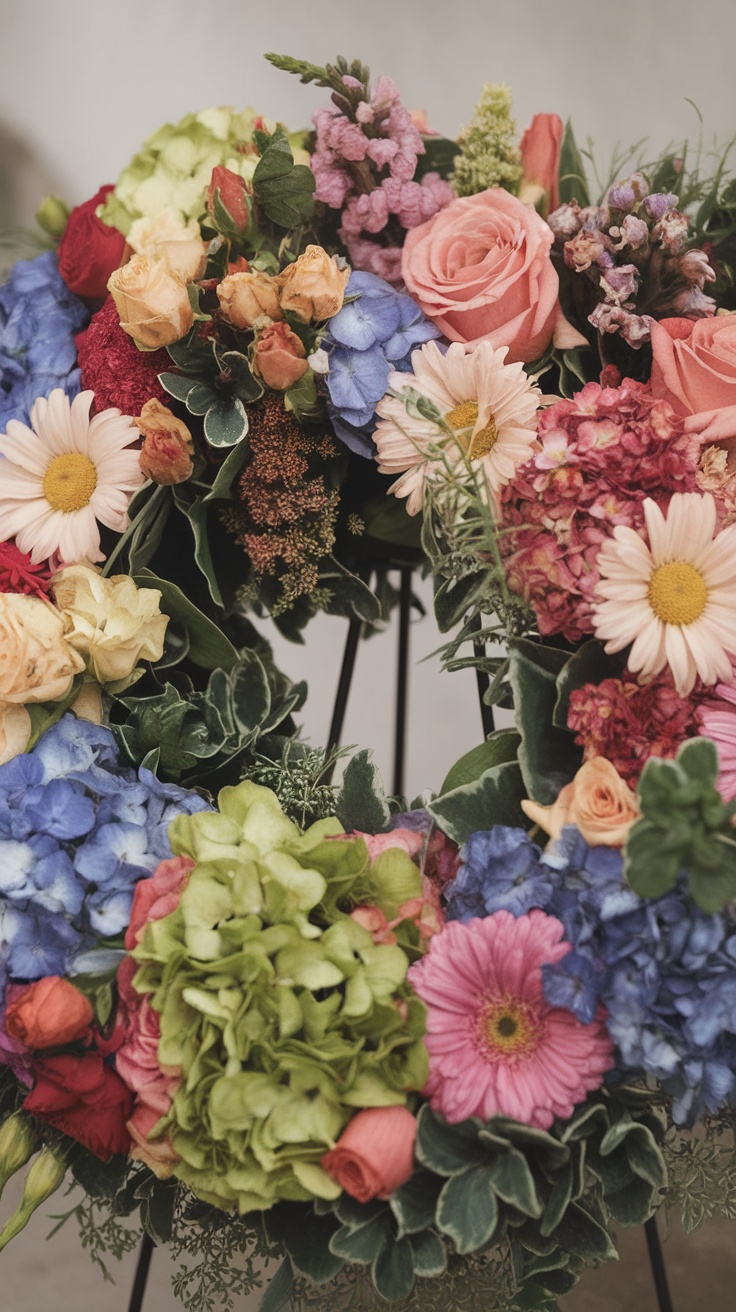 A vibrant mixed floral wreath featuring various colorful flowers like roses, daisies, and hydrangeas.