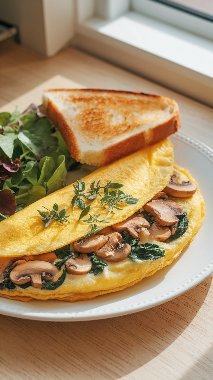 A delicious omelette filled with spinach and mushrooms, served with a side of toast and salad.