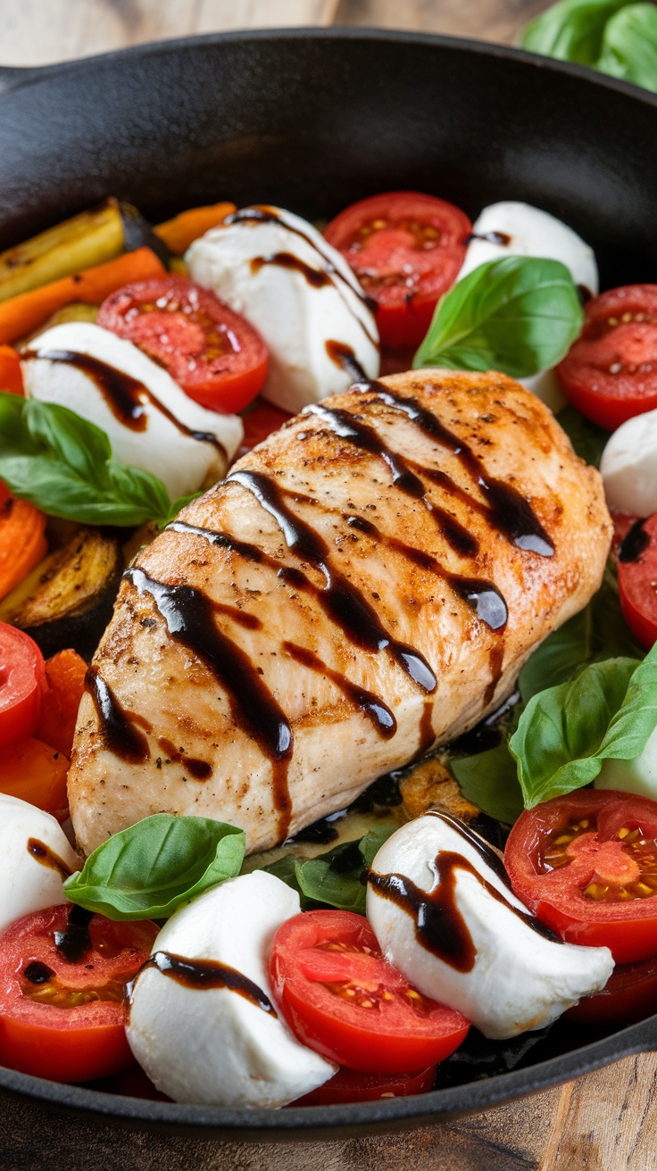 One-Pan Caprese Chicken featuring chicken breasts, tomatoes, mozzarella, and basil