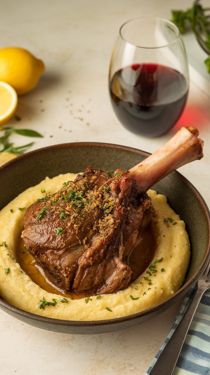 A delicious plate of Osso Buco served with creamy polenta, garnished with herbs.