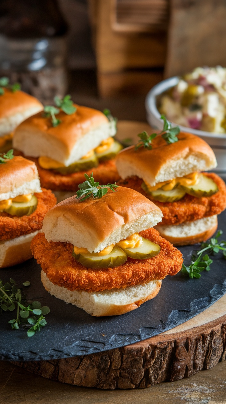 Pork schnitzel sliders on a wooden board with garnishes