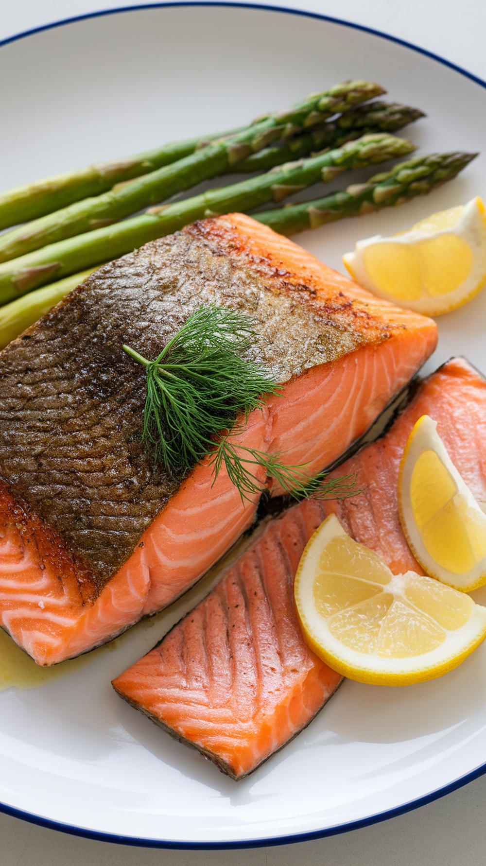 A plate of seared salmon fillet with asparagus and lemon slices.