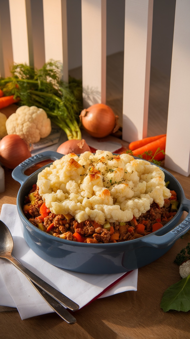 A delicious shepherd's pie topped with cauliflower mash, garnished with herbs.