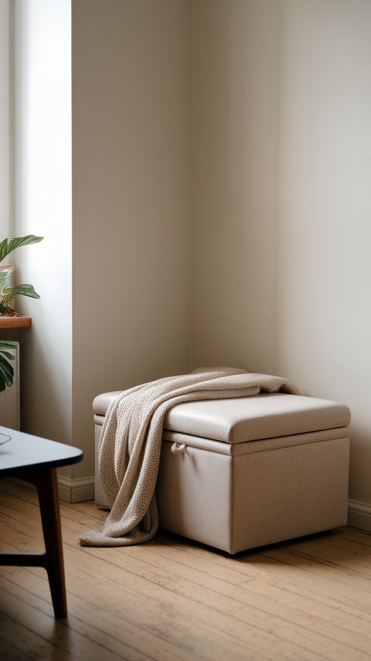 A storage ottoman with a knitted blanket placed in a corner of a room.