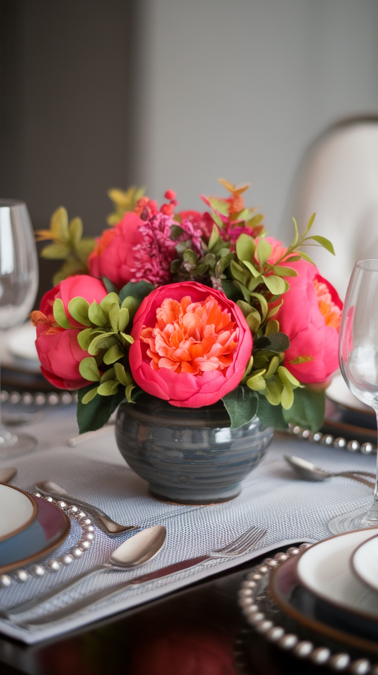 A vibrant faux floral centerpiece featuring pink peonies and green foliage in a ceramic vase, set on a dining table with elegant tableware.
