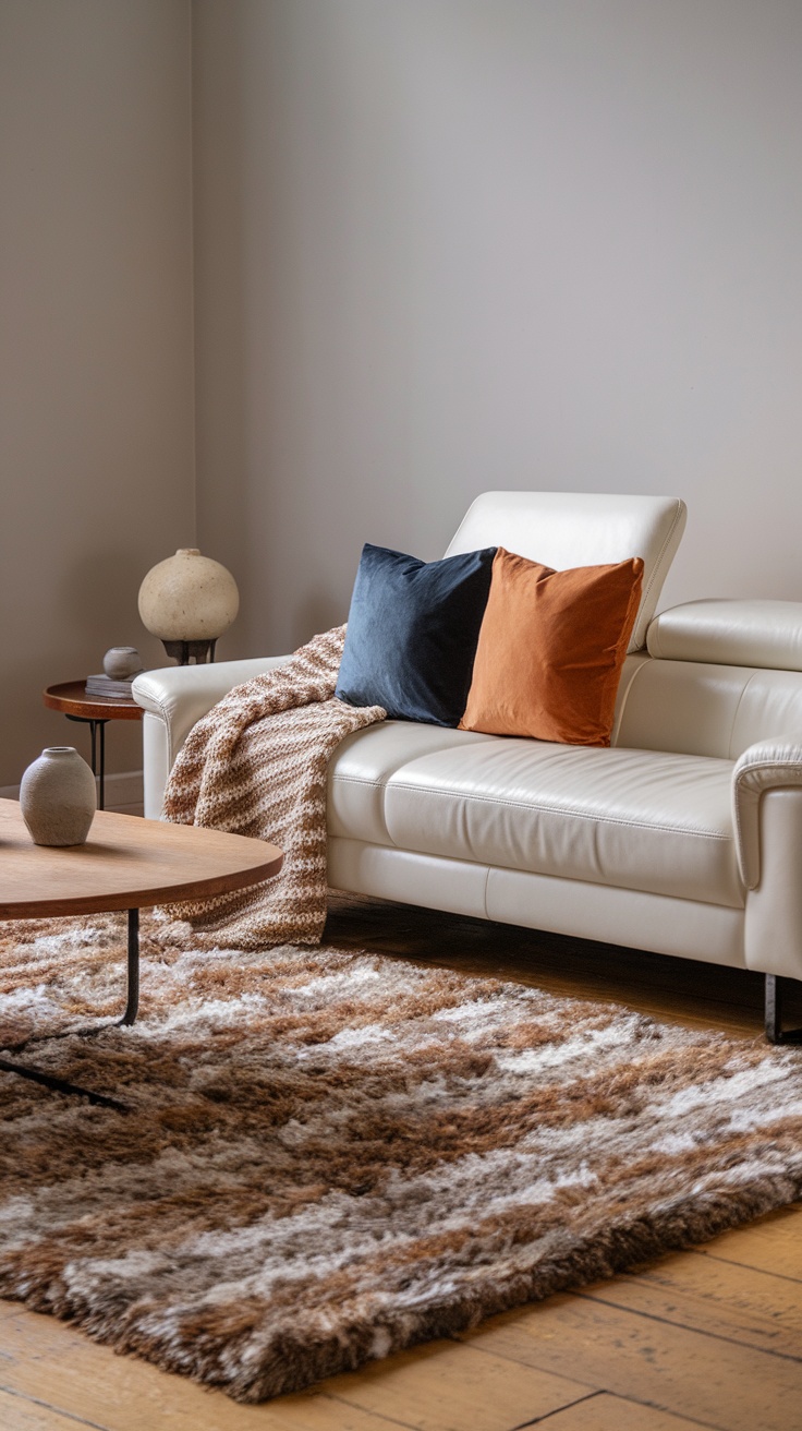 A cozy living room featuring a cream-colored sofa with blue and orange pillows, a chunky knit throw, and a textured rug.