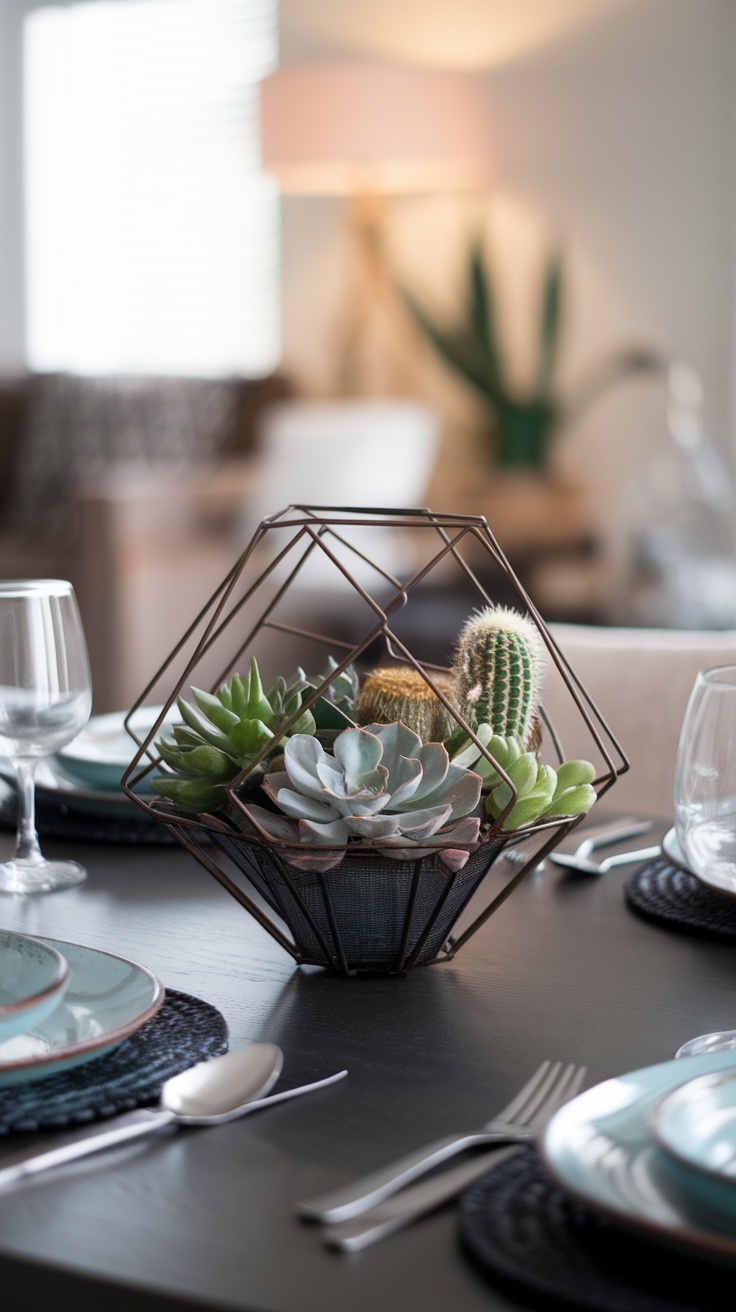 A stylish metal wire centerpiece with succulents and cactus on a dining table.
