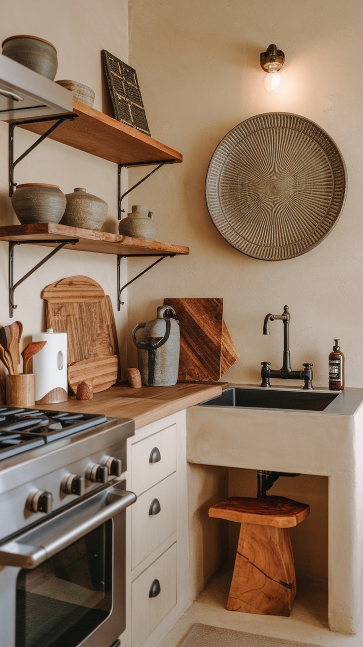 A cozy kitchen with artisan crafted decor, including pottery and wooden items.