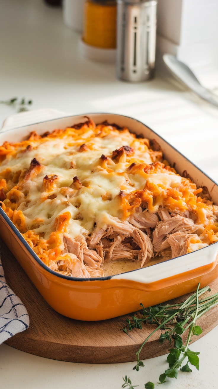 A delicious cheesy Mississippi chicken dish in a baking dish.