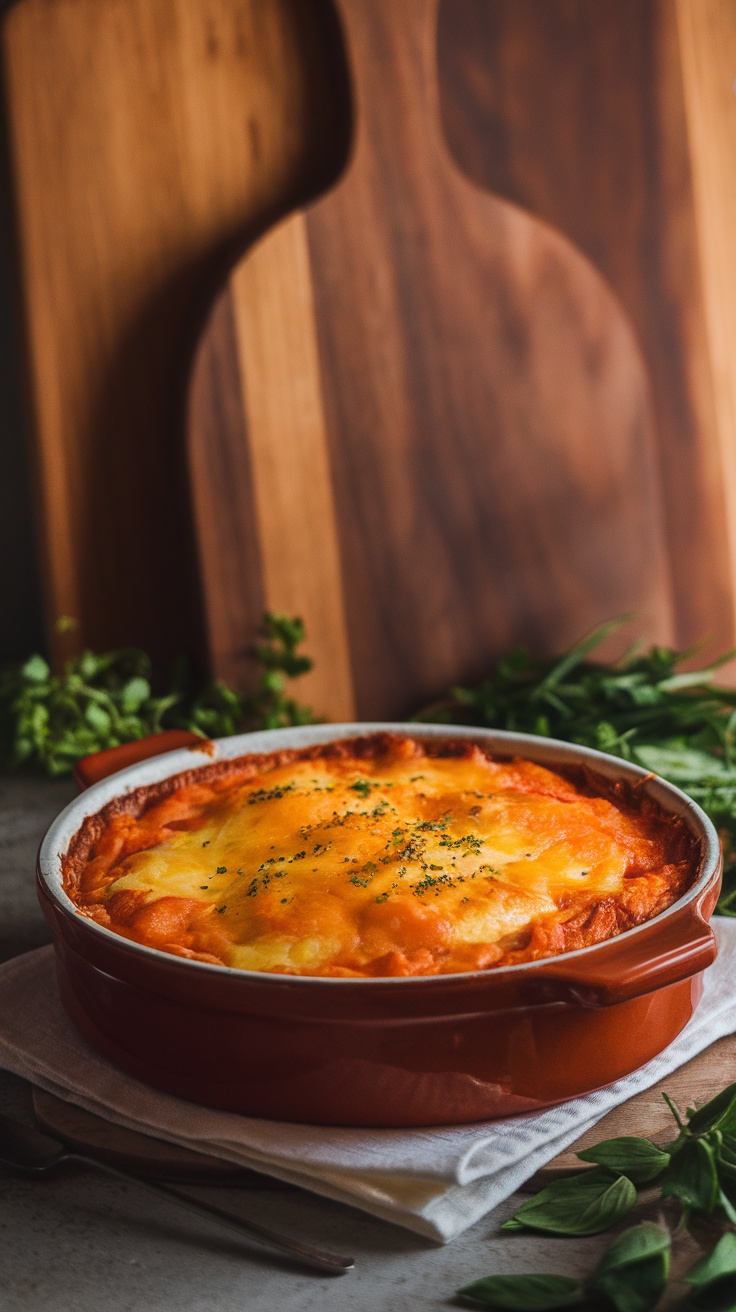 A delicious Cheesy Shepherd's Pie topped with melted cheese in a baking dish.