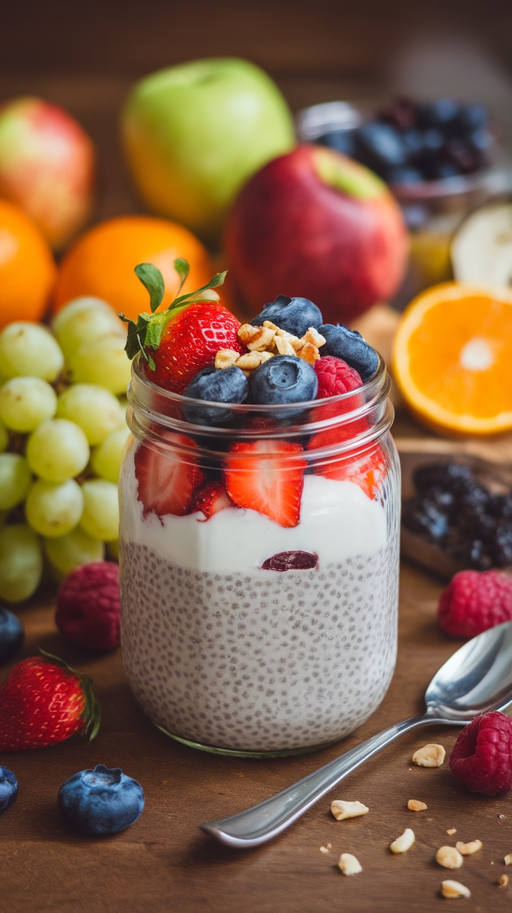 A jar of chia pudding topped with fresh strawberries, blueberries, and nuts.