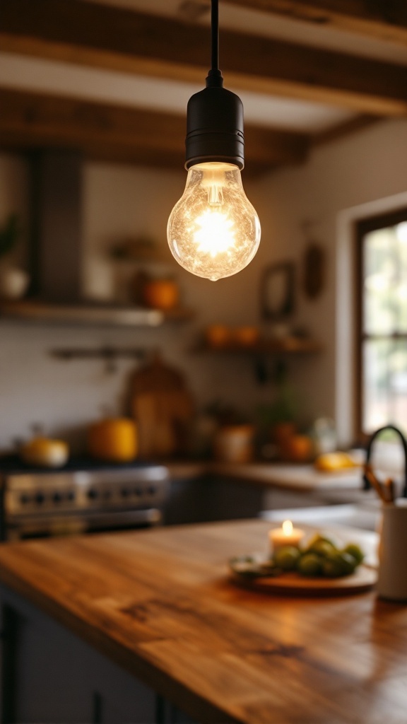 A close-up of a glowing Feit Electric LED light bulb hanging in a warm white kitchen.