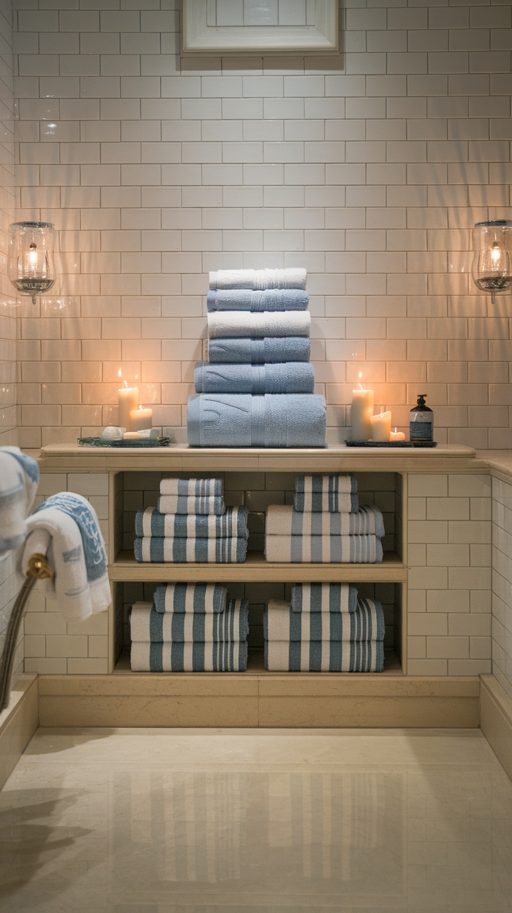 A stylish bathroom with stacked Nautica bath towels in soft blue and white tones, complemented by candles and a clean aesthetic.
