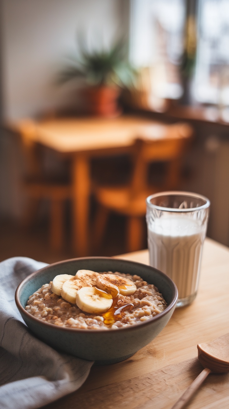 Bowl of oatmeal with banana slices and honey