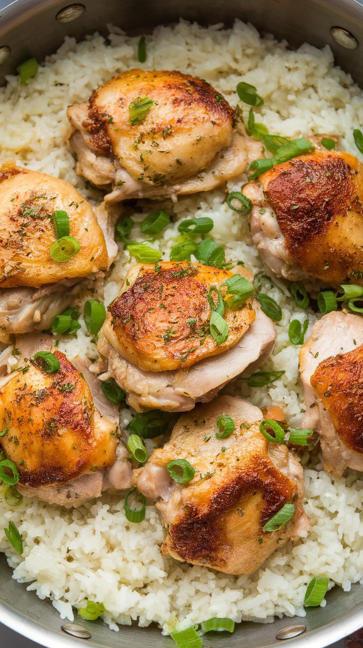 A delicious one-pan garlic butter chicken and rice dish, featuring golden-brown chicken thighs served over fluffy white rice, garnished with green onions.