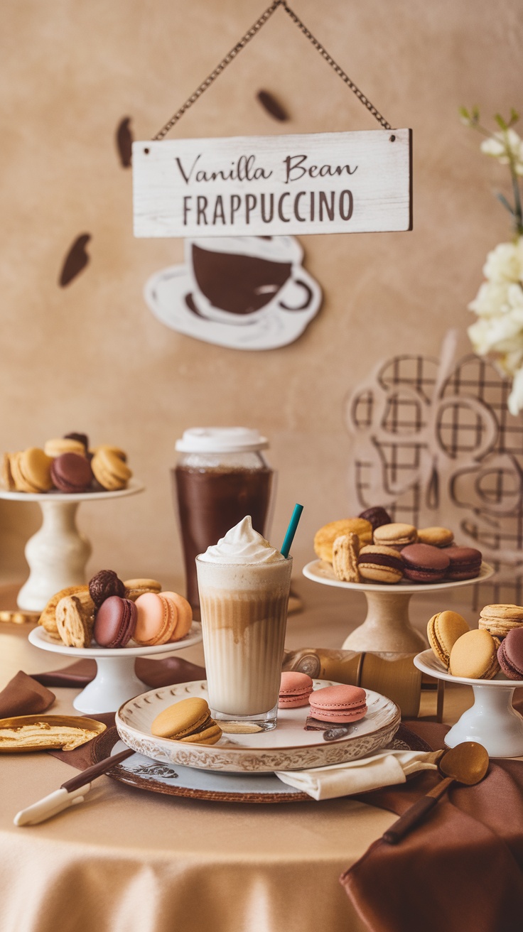 A glass of Vanilla Bean Frappuccino topped with whipped cream, surrounded by colorful macarons and other treats.