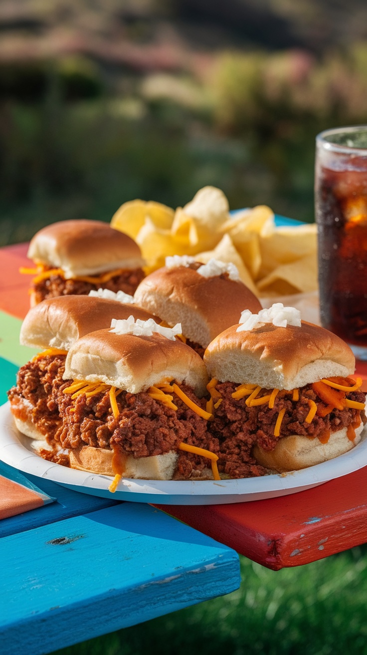 Platter of Sloppy Joe sliders with cheese and toppings, served with chips and a drink.