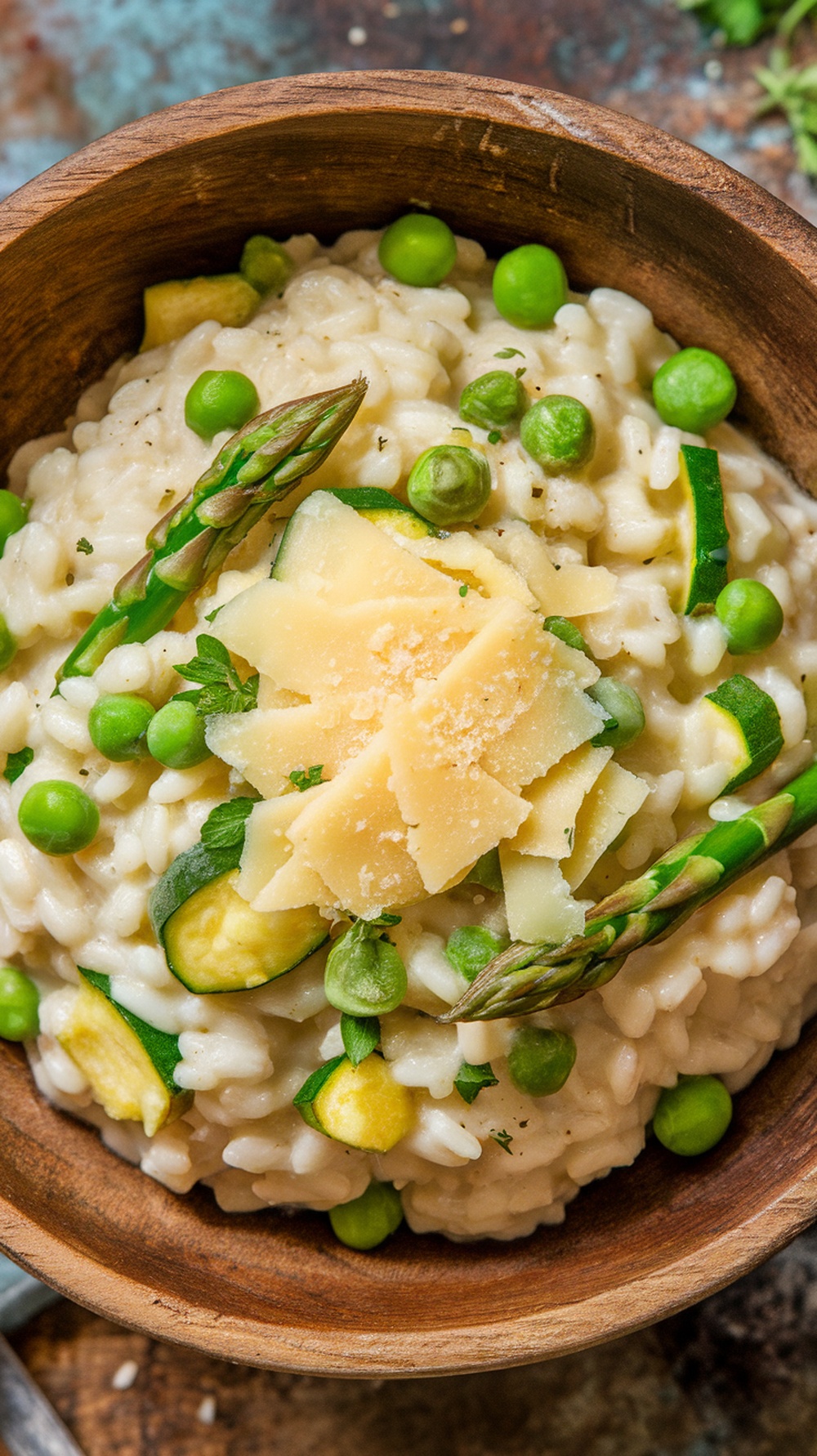 A bowl of spring vegetable risotto topped with asparagus and green peas.