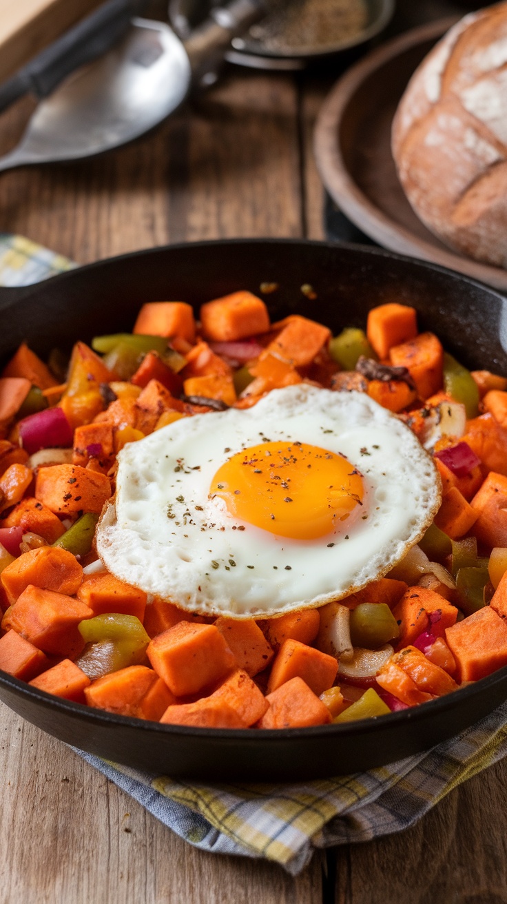 A colorful and nutritious sweet potato hash with vibrant vegetables and a sunny-side-up egg.