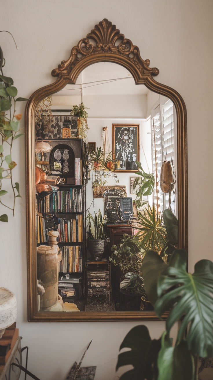 A beautifully ornate vintage mirror reflecting a cozy room filled with plants and books.