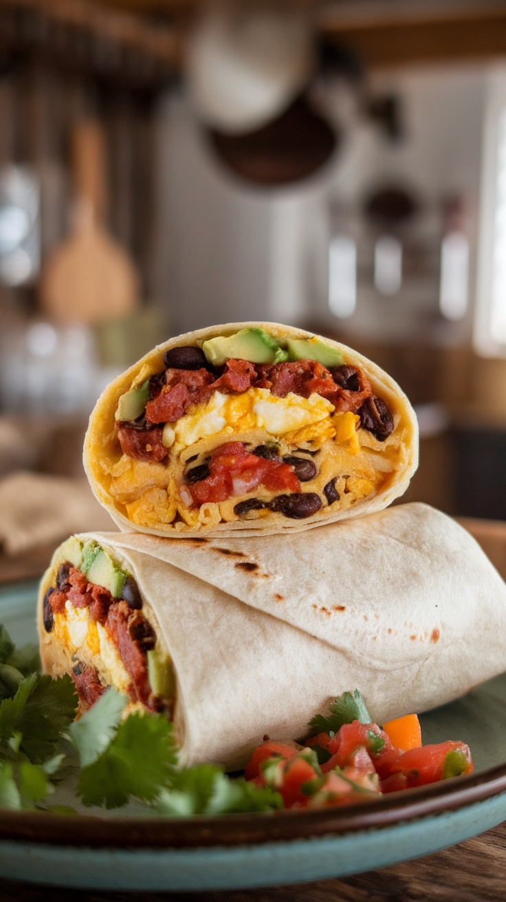 A delicious breakfast burrito filled with eggs, cheese, and vegetables.