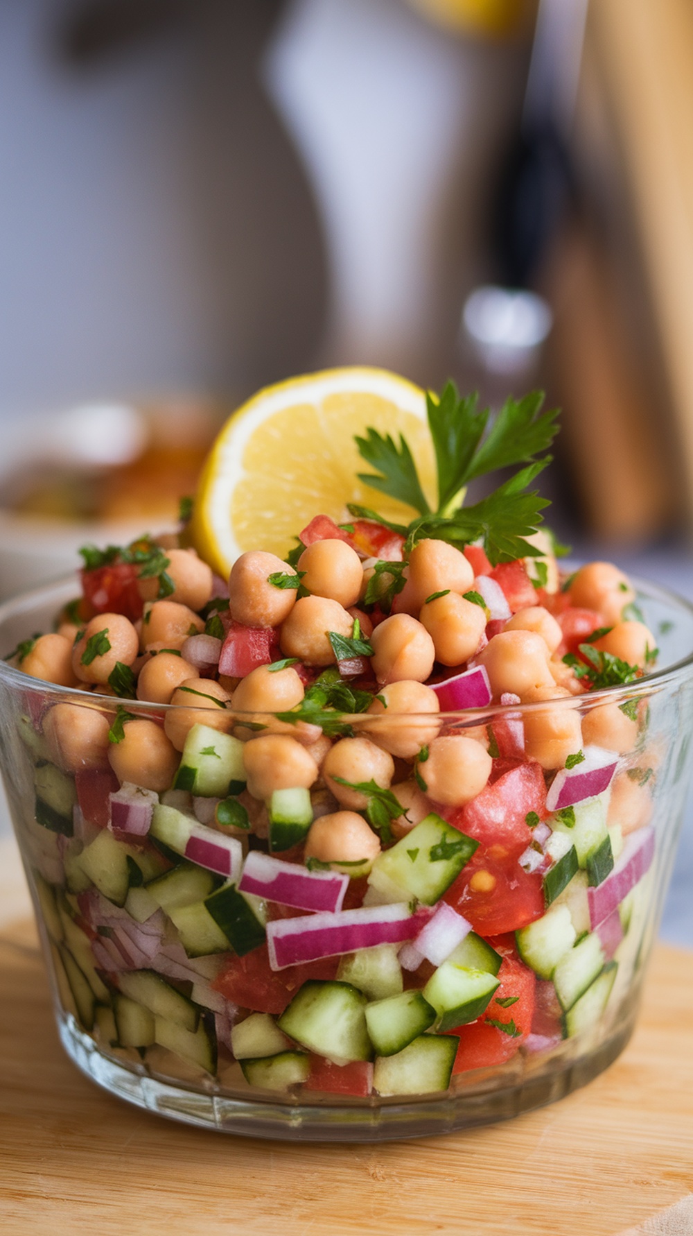 A colorful chickpea salad with cucumbers, tomatoes, and parsley, garnished with a lemon slice.