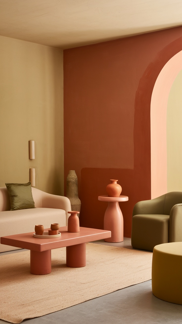 Cozy living room featuring earthy color palette with terracotta, muted greens, and soft beige furniture.