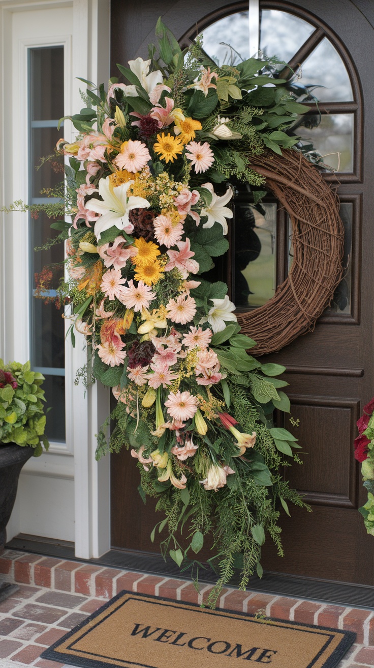 Floral grapevine wreath on a front door with various flowers and greenery.