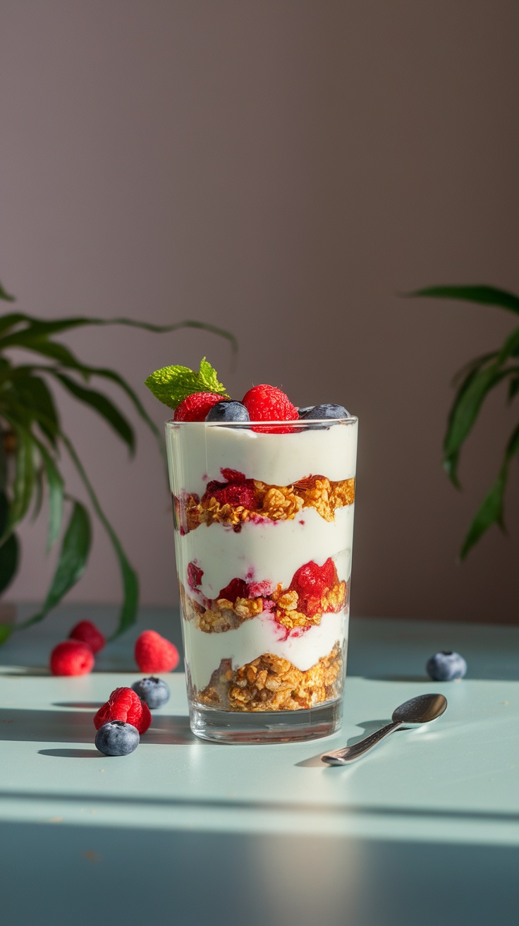 A delicious granola parfait with layers of yogurt, granola, and mixed berries in a clear glass.