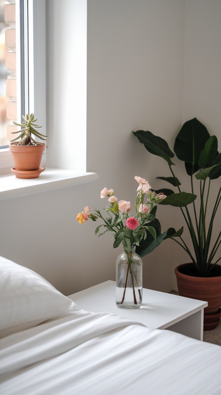 A modern minimalist bedroom featuring a bed with white linens, a vase of flowers on a nightstand, and potted plants by the window.